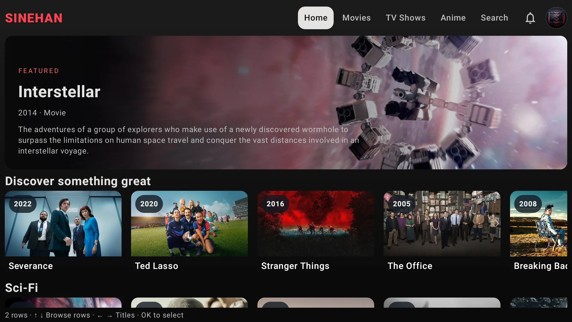 Sinehan on Android TV, showing a featured title and rows of movies and series
