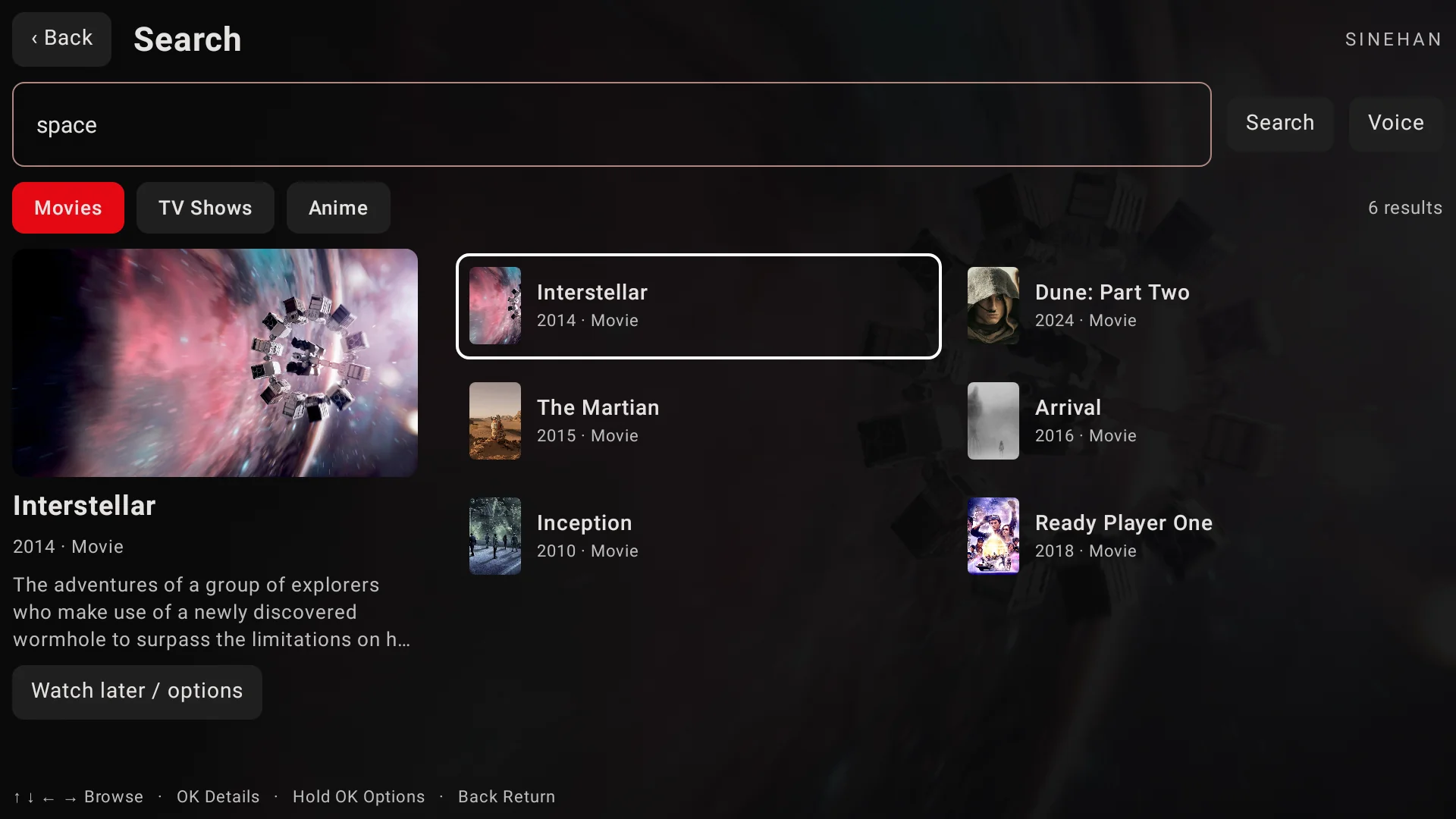 Sinehan search with artwork and movie results